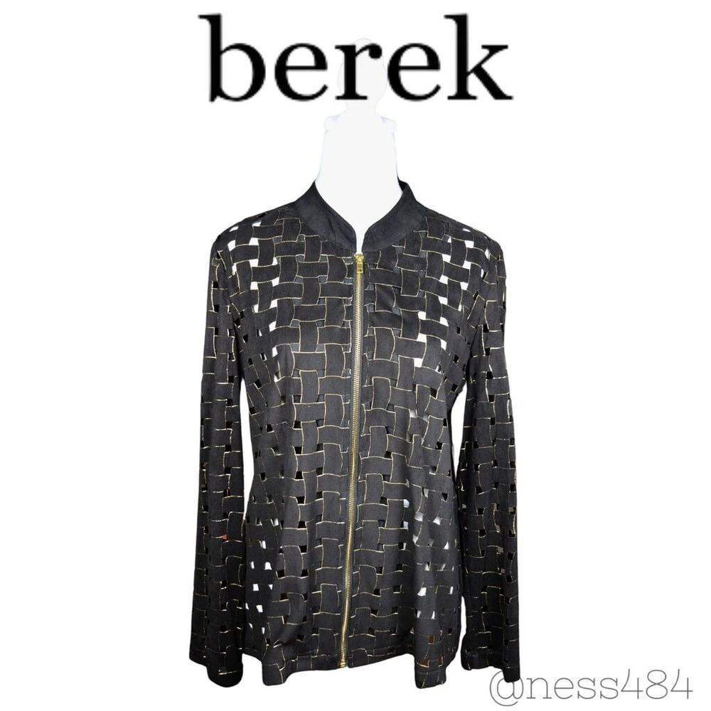 Berek Women MED Black Woven Cutout Zip Front Bomber Jacket Lightweight NWOT